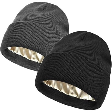 Unisex Beanie Lue 2-pakning for menn og kvinner Vinterstrikket lue med satengsilkefôr Myk, avslappet og varm lue med brettet brem