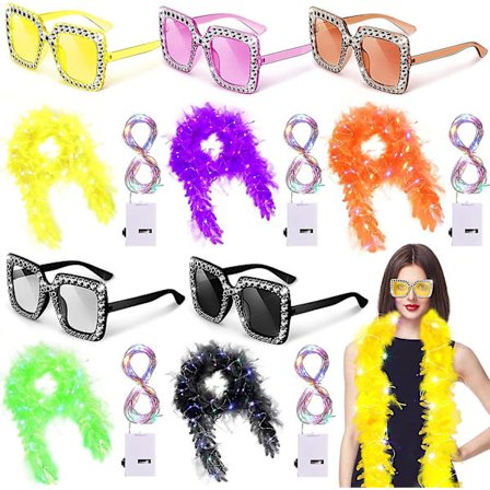 15-pack LED-fjäderboas för vuxna, festlig mängd, inklusive 5 st 2,2 meter långa Chandelle-fjäderboas, 5 st LED-ljusslingor och 5 st fyrkantiga 