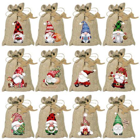 Jule-sækkelærreds gaveposer med snoretræk, 24 stk., Jule-bøffellærreds linned snack slikposer til julefrokost favoriserer