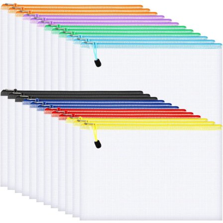 24 stk. Plastlommer Net Dokument Lynlås Låseposer A4 Mappe Fil Lynlåsposer Lynlåspunge til Skolematerialer Kontor Lektier Rejse Opbevaring 1