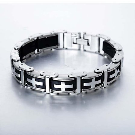 Bracelet with checkered pattern cross stainless steel black silver men