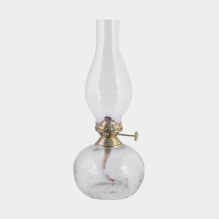 Lampe à pétrole / lampe à huile Strömshaga Oval Löv, verre transparent, brûleur en laiton, Ø110 mm x 280 mm