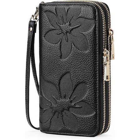 Damepung med stor kapacitet, dobbelt lynlås, kortholder, RFID-beskyttelse og læderarmbåndsrem