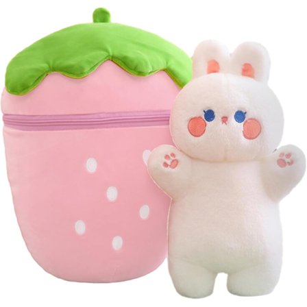 Kawaii jordbærkanin plysj u2013 vendbar gulrotpute, hare, kosedyr for gutter og jenter