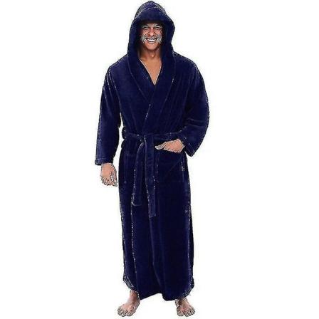 Flanelipukuinen miesten huppuinen, paksu ja lämmin kylpytakki, pitkä kimono Blue 3XL