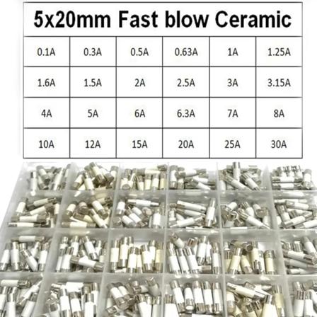 Fast Blow Keramisk Sikring 360 Stk/Eske 24Verdier 5x20mm 250V 0,1A 0,3A 0,5A 1A 1,5A 2A
