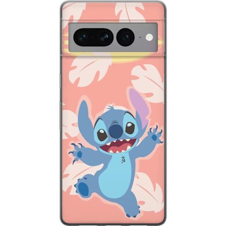 Kompatibelt Mobildeksel til Google Pixel 7 Pro Glad illustrasjon av Stitch som hopper foran rosa bakgrunn med surfebrett