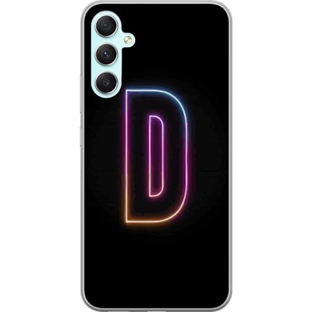 Kompatibel Mobilcover til Samsung Samsung Galaxy A34 Minimalistisk neonbogstav D i farveskiftende lys mod sort baggrund i moderne digital design