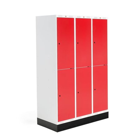 Student locker ROZ, 3 modules, 6 doors, 1890x1200x550 mm, red, incl. base