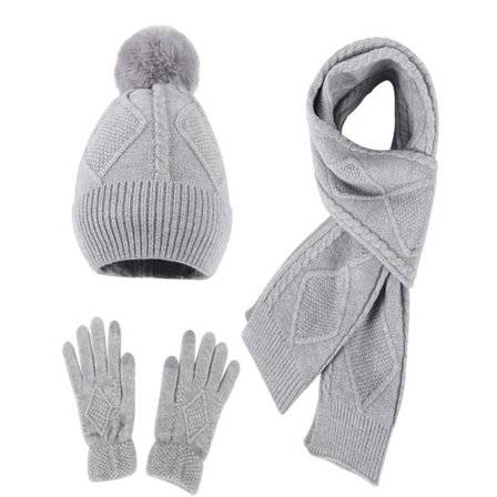 Hat, Scarf and Gloves Set for Women, Winter Warmer Pompom Hat Cable Knitted Scarf and Gloves Birthday Gifts for Women, Grey