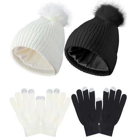 4 st kvinnors vinter satin fodrade stickade pom pom mössor pekskärm handskar set