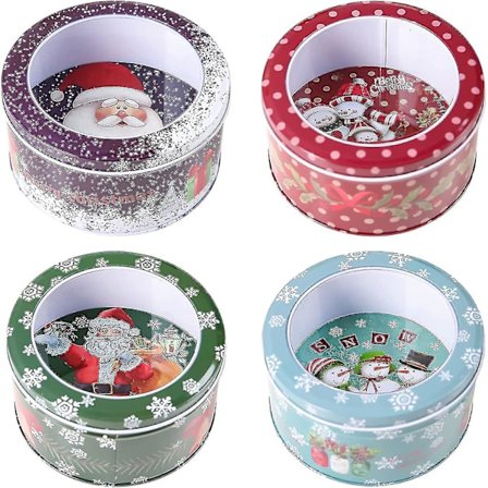 4 stk. julekagedåser, tomme julekagedåser med vindue, rund slikdåse, julegaveæske 7x14cm, nisse snemand, lille metaldåse til småkager C