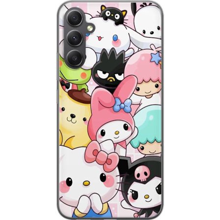 Kompatibelt Mobildeksel til Samsung Galaxy A05s Tett mønster av søte figurer med store øyne i ulike farger og uttrykk med LABUBU-tekst