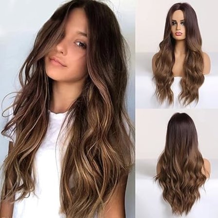 Lang naturlig syntetisk brun parykk, bølget parykk med midtskill full parykker for kvinner naturlig daglig bruk