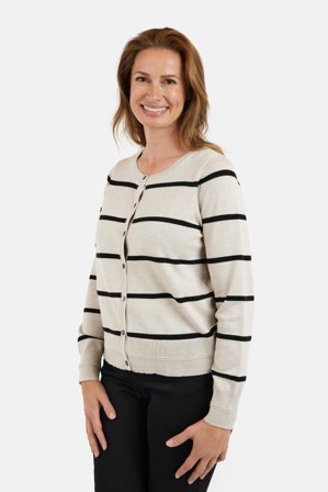 JENSEN - Langærmet Cardigan - Råhvid / Sort - Stribet