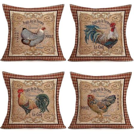 Vintage Farm Rooster Hen Putetrekk Putevar 4 Stykker Bomull Lin