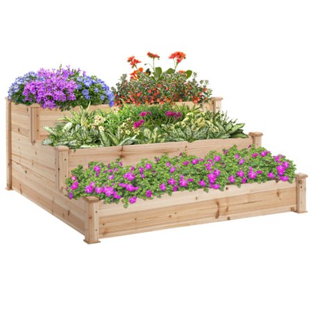 Højbed 3-Etagers Haveseng Planteseng Urtebed Blomstertrappe Til Altan Have Naturgrantræ 124 X 124 X 56 Cm