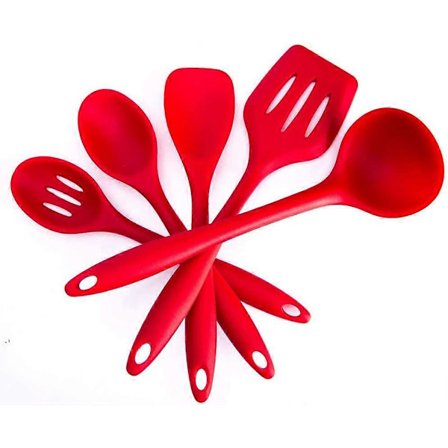 BPA-fri Silikon Kjøkkenredskapssett - Skje, Øse & Spatel - Oppvaskmaskinsikker - Non-Stick - Varmebestandig (5 stk Rød)
