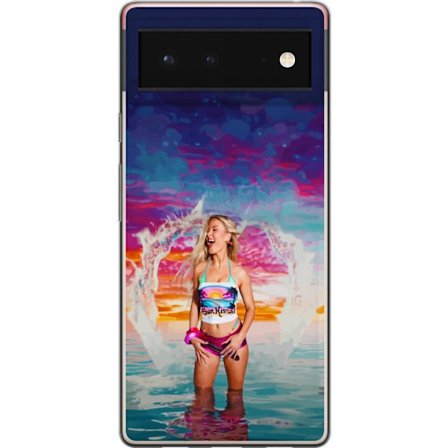 Kompatibel Mobilcover til Google Pixel 6 Blond kvinde i farverigt strandtøj, der leger i havet ved solnedgang