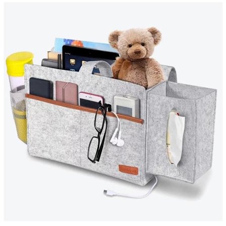 Lysegrå - Sengelomme, Filt Seng Opbevaringspose, Organizer med Vævsbokse til Fjernbetjening, Tablet, Opladerkabel, Magasin, Briller, Pen