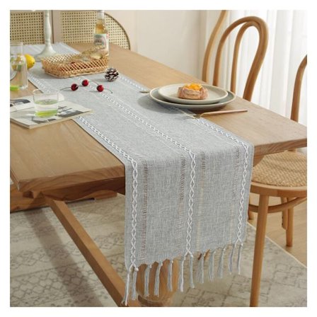 Bordløper Makramé med Dusker, Vintage Bordløper for Moderne Spisebord i Gårdsstil (Grå 33x228cm)