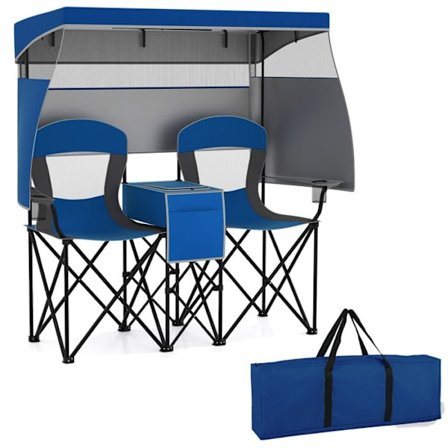 COSTWAY Udendørs Campingstol, Sammenklappelig 2-personers, Justerbart Tag, 3-sidet Skygge, Kopholder, Transporttaske, Blå