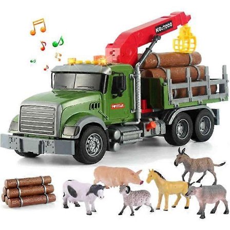 Tømmerbil med fungerende lastekran leketøy & bunt med stokker, stor 15" semi-transport trekkbil transportør lekesett for barn