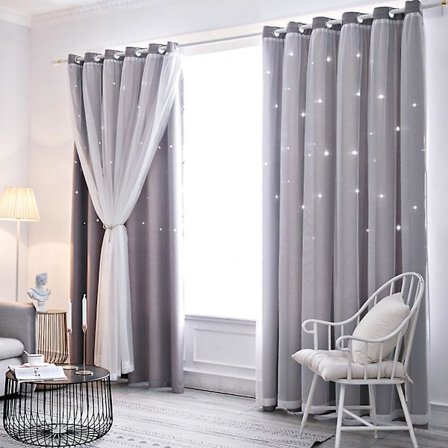 Hål ut stjärngardiner gardiner barn flickor sovrum vardagsrum dubbla lager mörkläggningsgardiner grå gardiner 2 X 2,5w X 2,7h