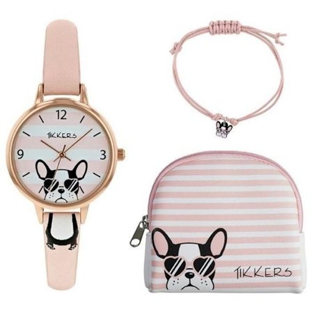 TIKKERS Fransk Bulldog Barnklocka Set m Armband o Purse