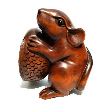 Cq021 - 2" Håndskåret buksbom netsuke-figur: Mus og fisk