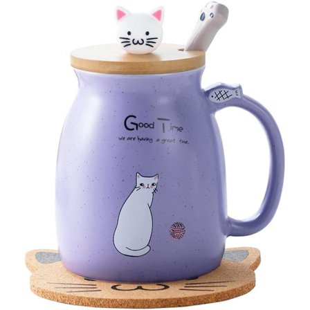 Katt krus søt keramisk kaffekopp med søt kattunge lokk, kattepote skje, kawaii underkopp, nyhet morgen kopp te melk julekrus lilla