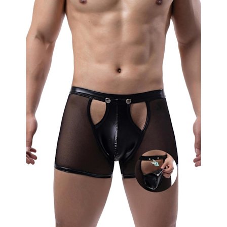 2025 Senaste Modell Herrunderkläder Lingerie för Män Shorts Byxor med Avtagbar Påse Genomskinliga Spetsar Boxer Kalsonger Erotiska Klubbekläder Svart