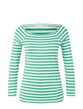 T-Shirt Caree Neck Stripe T-shirts & Tops Long-sleeved Grønn Tom Tailor*Betinget Tilbud
