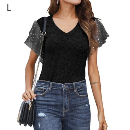 Dam T-shirt Sommar V-hals Gaze Paljett Kortärmad Casual