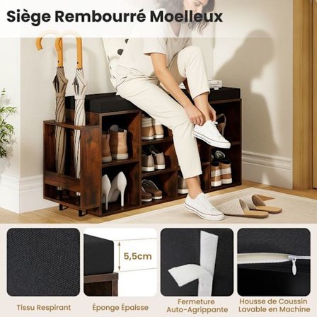 COSTWAY Skohylde med Paraplyholder, 10 Kasser med Polstret Sæde, Justerbare og Aftagelige Hylder, Brun