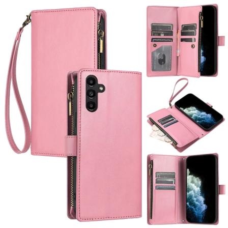 Kompatibel med Samsung Galaxy A24 4g lommebokveske Premium glidelås stort rom Flip PU skinndeksel Pink