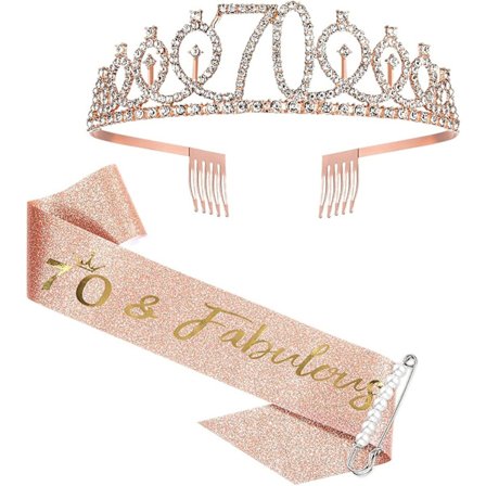 70-årsdag Sash og Tiara for Kvinner, Rose Gold Bursdag Sash Krone 70 & Fabulous Sash og Tiara for Kvinner