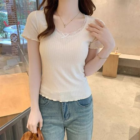 Naisten lyhythihainen pitsireunainen pusero BEIGE XL