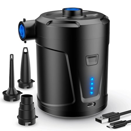 Elektrisk Luftpumpe, 5200mAh Oppladbart Batteri, Luftmadrasspumpe med 3 Dyser, Rask Pumpe for Oppblåsbare Båter/Luftmadrasser.