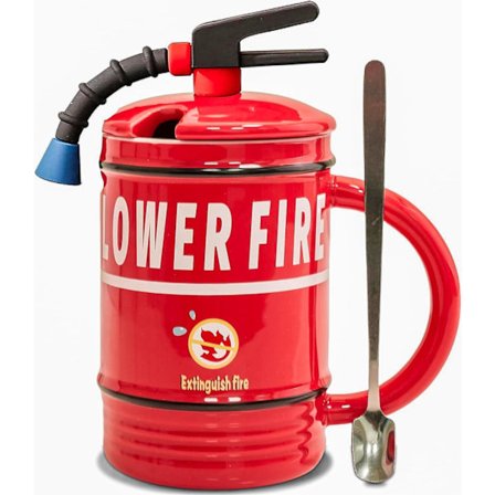 Kaffekrus formet som brandslukker, Personligt kaffekrus, Krus der kan tilpasses, Krus med låg og ske, 3D tekop, Originale gaver (Rød)