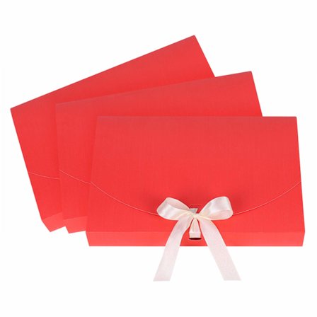 10 stk gaveeske, rektangulær gaveeske i papp 26 * 17,5 * 3 cm med lokk og dekorativt satengbånd, teksturerte gaveesker, rød