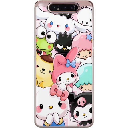 Yhteensopiva Puhelinkuori Samsung Galaxy A80 Tiheä kuvio suloisia hahmoja, joilla on suuret silmät eri väreissä ja ilmeissä LABUBU-tekstillä