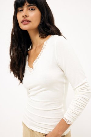 NA-KD Långärmad topp i jersey med spetsinsats - Långärmade t-shirts - Naturvit - XS