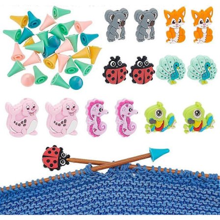 44 stk. strikkepindstoppere, dyreformede strikkepindspidsbeskyttere, gummikegle-nålespidsstoppere, maskestoppere, strikketilbehør