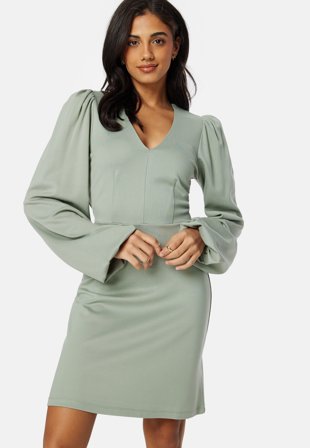 Bubbleroom - V-neck Balloon Sleeve Short Dress - Dusty green - Kläder