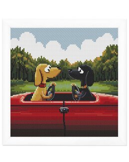 Stickpackung Bild Hundespaziergang im roten Cabrio