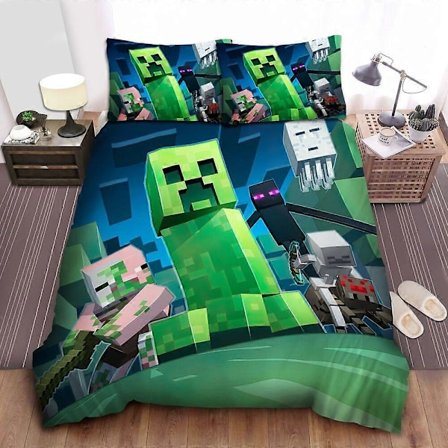 v446 Sengetøj Minecraft Monster Illustration Sengesæt: Dynebetræk & Sengetæppe 3-delt Sengesæt (1 Dynebetræk + 2 Pudebetræk) y446