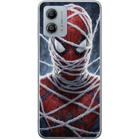 Yhteensopiva Puhelinkuori Motorola Motorola Moto G53 Spider-Man peitetty tiheillä hämähäkinseitseillä dramaattisessa lähikuvassa, joka korostaa