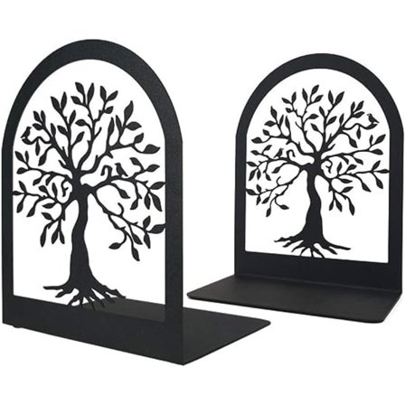 Livets Træ Dekorativ Bogstøtte (sort), kraftig metalbogstøtte, sort bogstøtte til reol, hjemmekontor, ridsefast og skridsikker skole