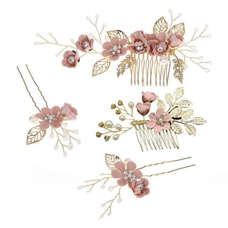 4 stk Håndlagde Mote Hårkamsett for Bryllup, Blomster Brudesmykke Hårtilbehør, Rhinestone Brudeskam, Brudespiker, Brud Bryllupshårklipp Pink